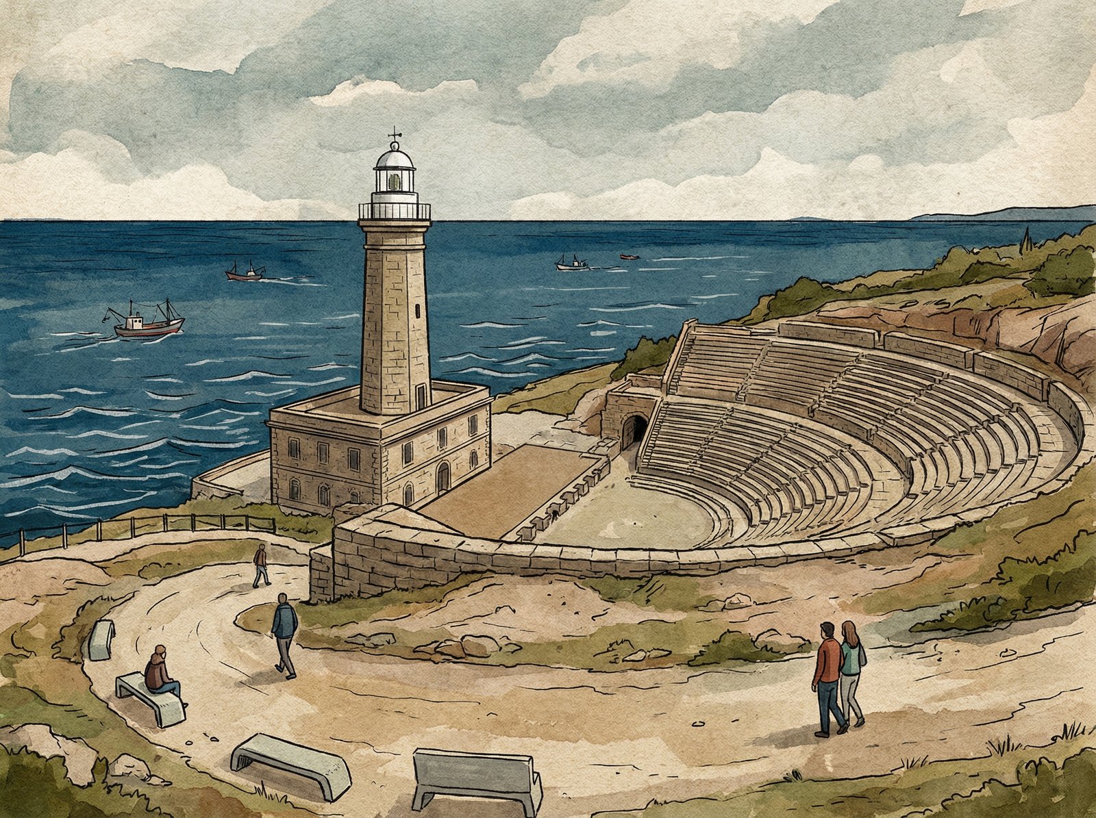 An illustration depicting the Paphos lighthouse standing tall next to the ancient Odeon theatre, overlooking the sea. The scene captures the blend of ancient and modern elements. Artistic rendering, textured background, no visible text. Aspect ratio 4:3.
