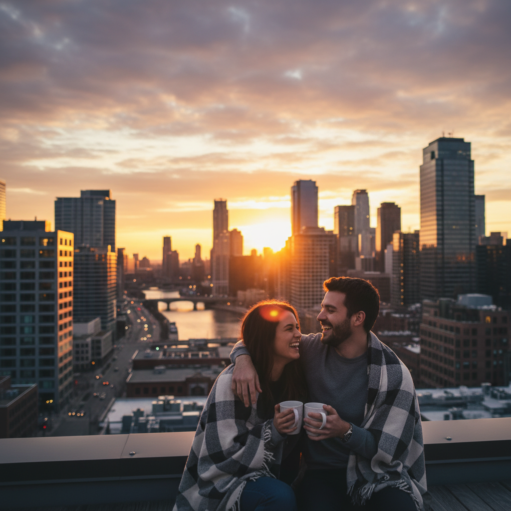 lifestyle photography, warm sunset lighting, city view background, no text