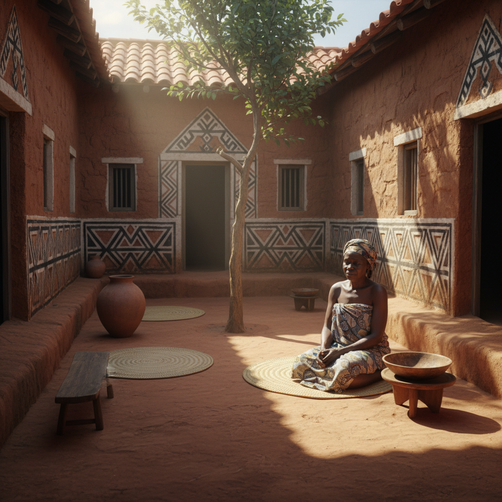 A quiet interior courtyard of an Asante traditional building, sunlight filtering through, earthy textures, serene lifestyle photography, natural setting, no text