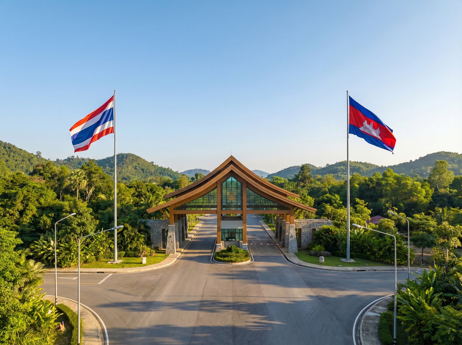 A wide angle view of a peaceful border checkpoint between Thailand and Cambodia with flags of both countries fluttering in a clear blue sky, modern gate structure, lush green surroundings, no people, realistic photography, 4:3 aspect ratio, no text