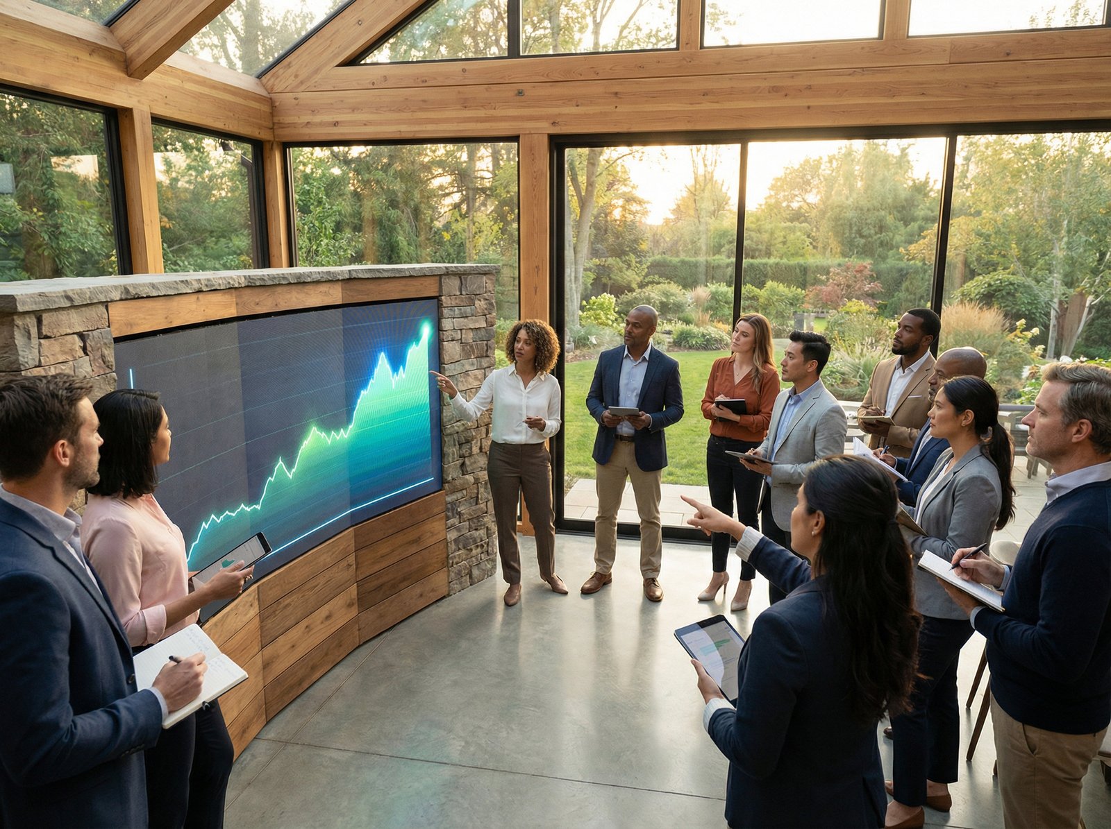 Diverse people observing a large digital screen displaying an upward-trending stock market chart. The atmosphere is professional and analytical, with warm lighting and a natural setting. 4:3, no visible text.
