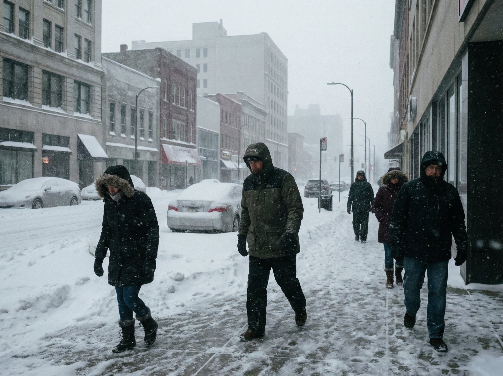 People bundled in warm winter clothing walking through a snowy downtown street with heavy snowfall and a bleak sky, capturing the severe weather. Aspect ratio 4:3, no visible text.