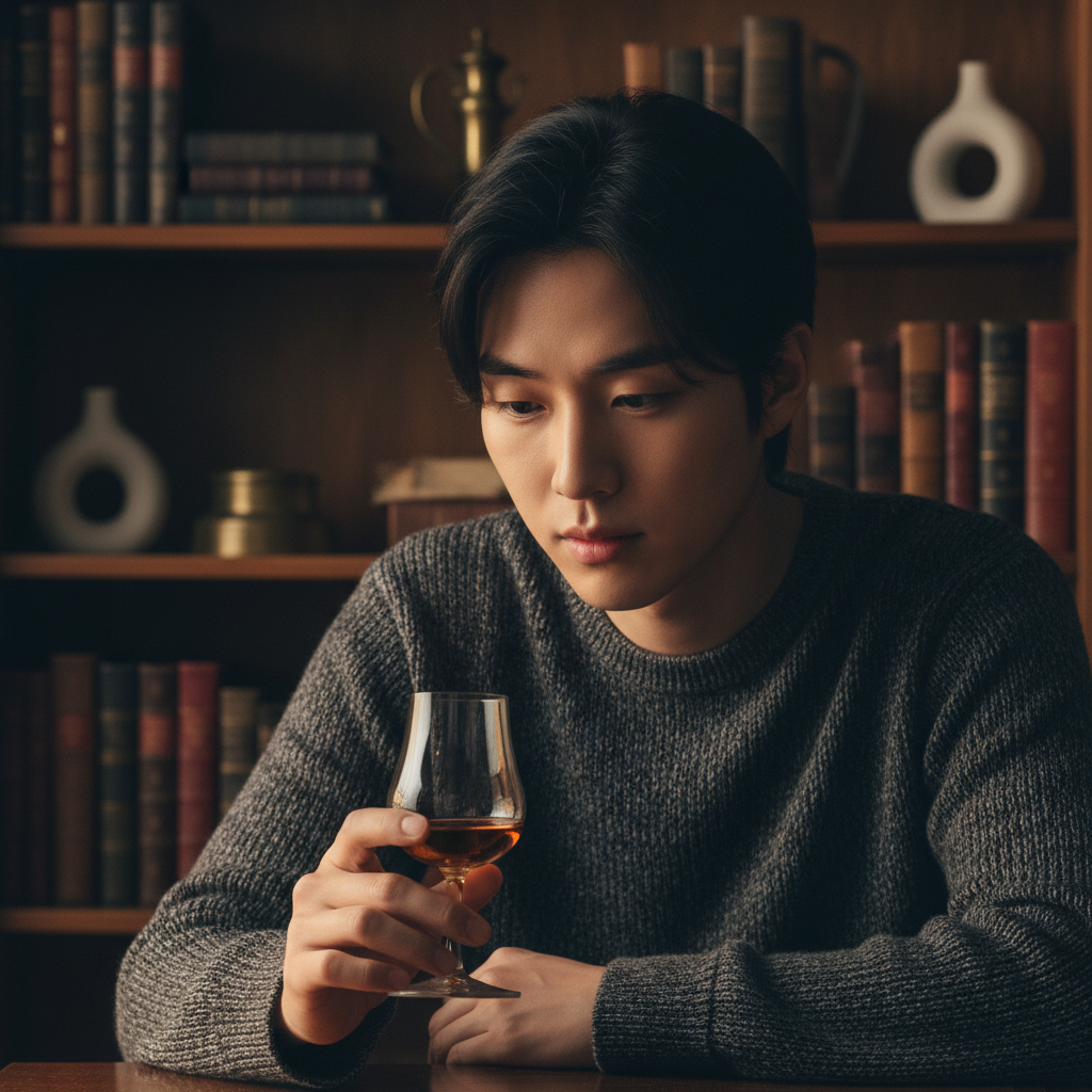 A close-up of a Korean person looking thoughtfully at a small elegant glass of liquor, warm lighting, focused composition, rich textured background, 1:1