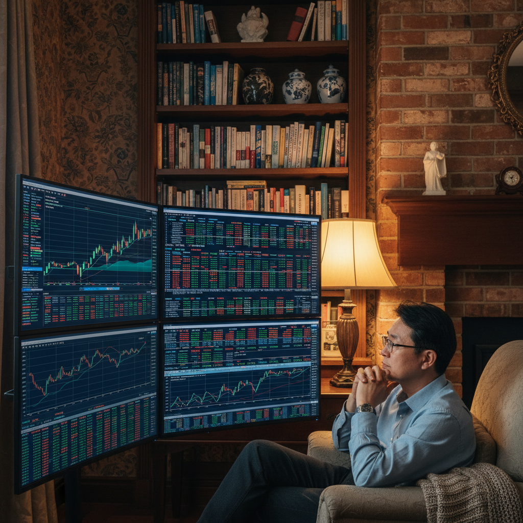 A Korean investor looking thoughtfully at a multi monitor setup with financial data, cozy home office, warm lighting, lifestyle photography, rich background textures, no text