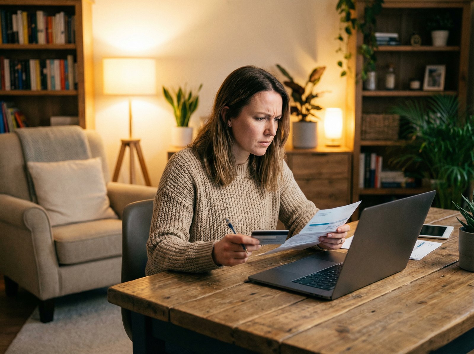 A person sitting at a wooden desk looking at credit card statements and a laptop with a focused and determined expression. The room has soft warm lighting and a cozy home office atmosphere. High quality lifestyle photography 4:3 ratio no visible text.