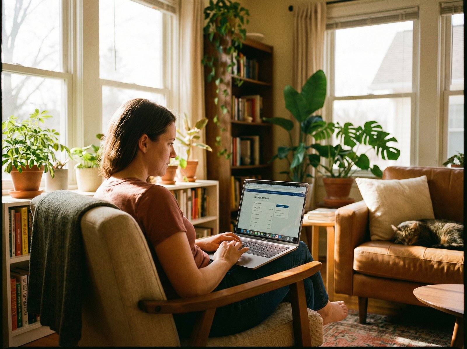 A person sitting in a bright living room using a laptop to manage their online savings account, natural lighting, warm atmosphere, focused expression, 4:3, realistic photography, no text.
