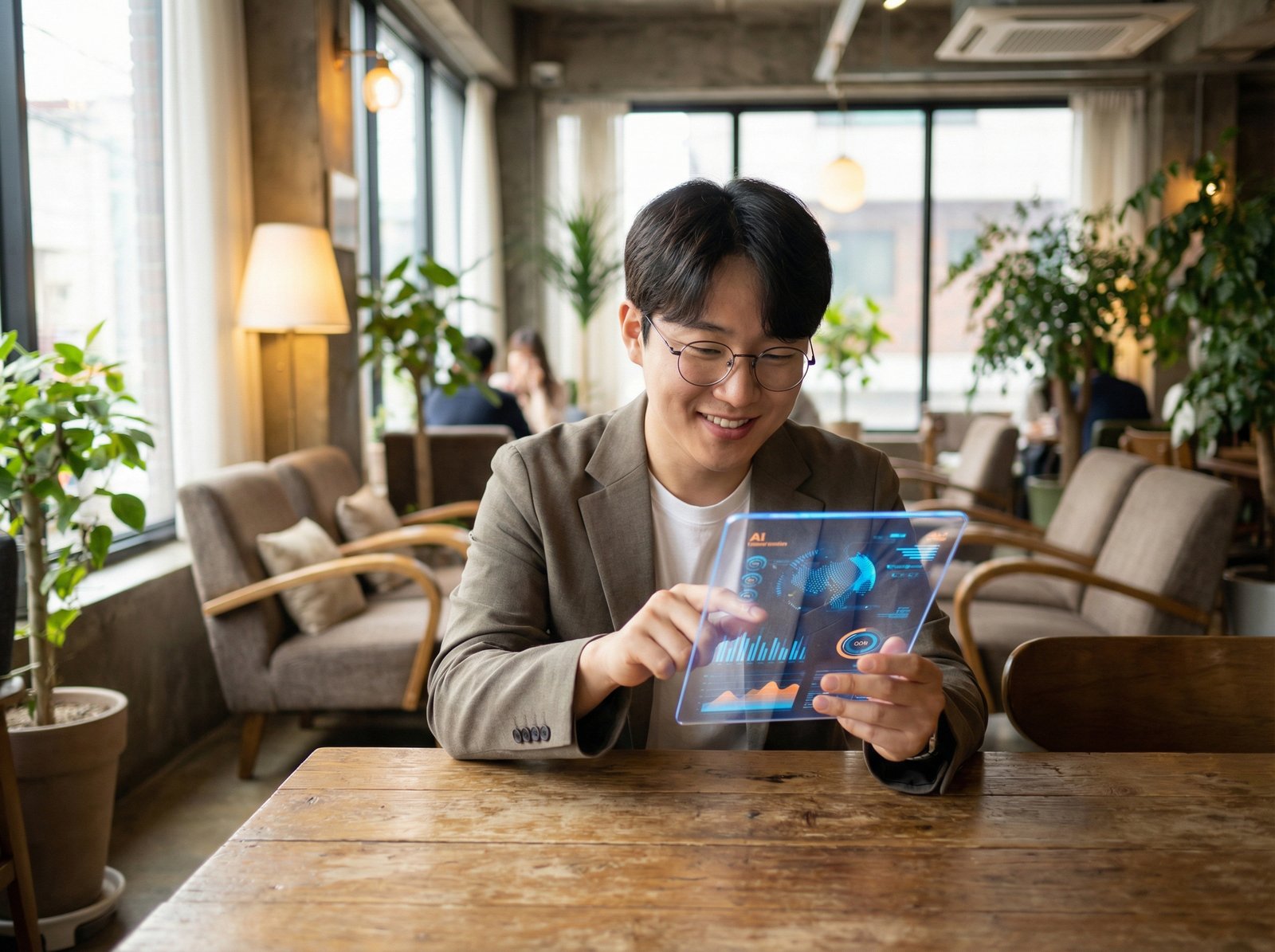 A young Korean professional using a sleek tablet with glowing AI interface in a cozy modern cafe, natural sunlight, lifestyle photography, warm and inviting atmosphere, no text, 4:3