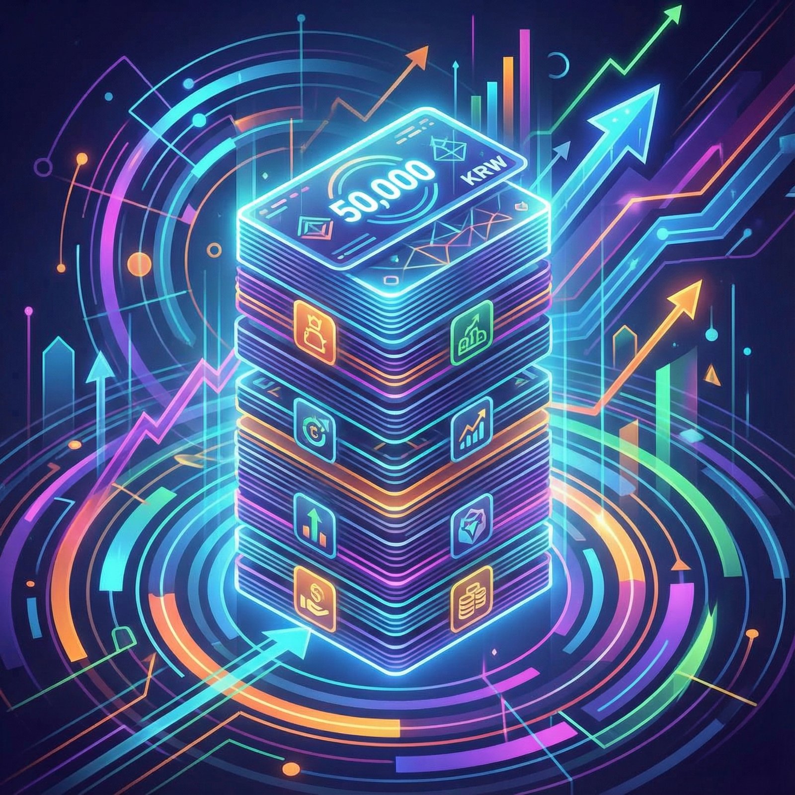 A stack of digital 50,000 South Korean won vouchers on a vibrant, abstract background. Emphasize value and quantity. Clean infographic style, no visible text. Aspect ratio 1:1.