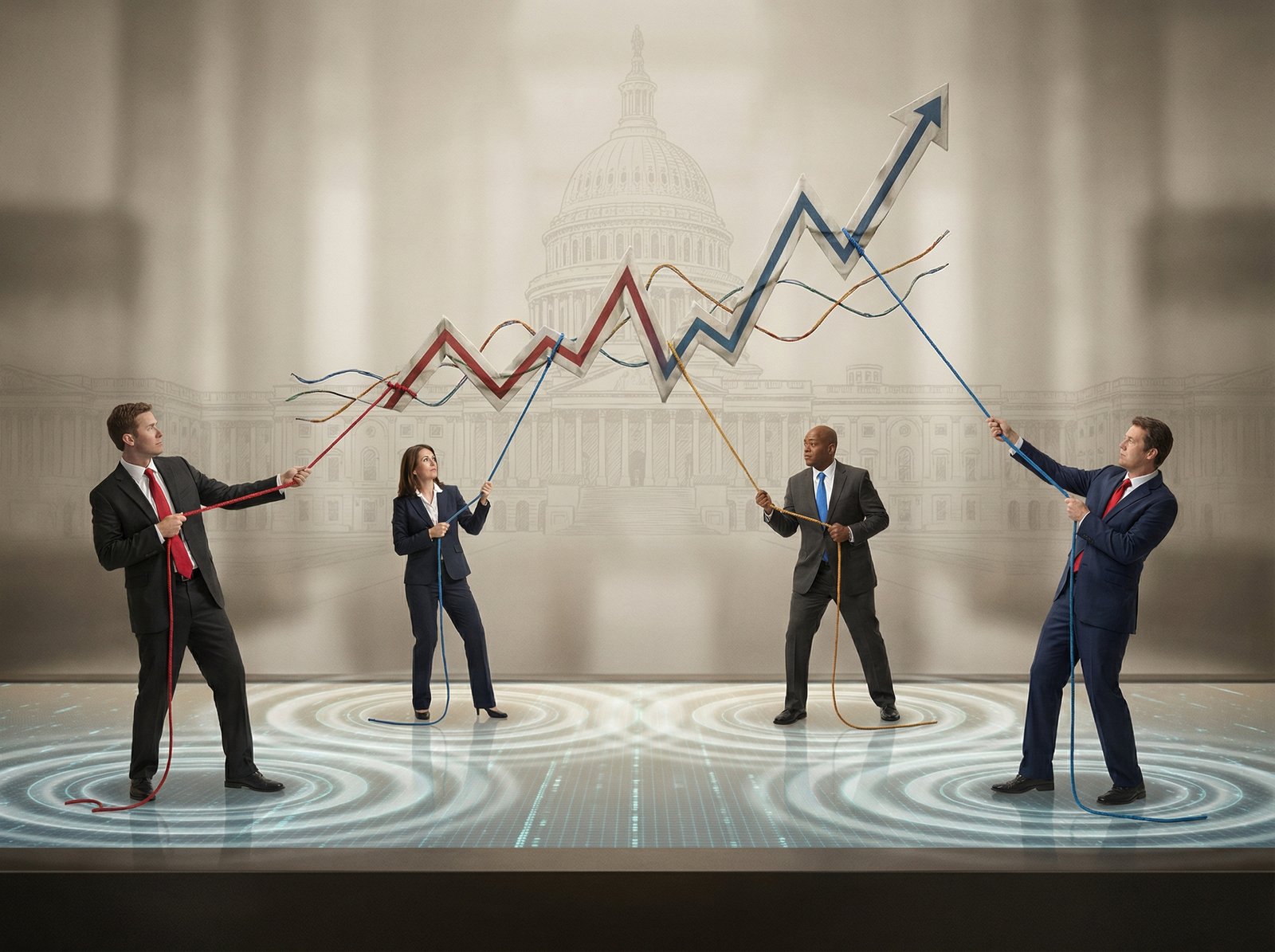 A visual representation of political figures from different parties pulling on a stock market chart, creating ripples and instability. The background has faint outlines of the Capitol building. Aspect ratio 4:3, no visible text.