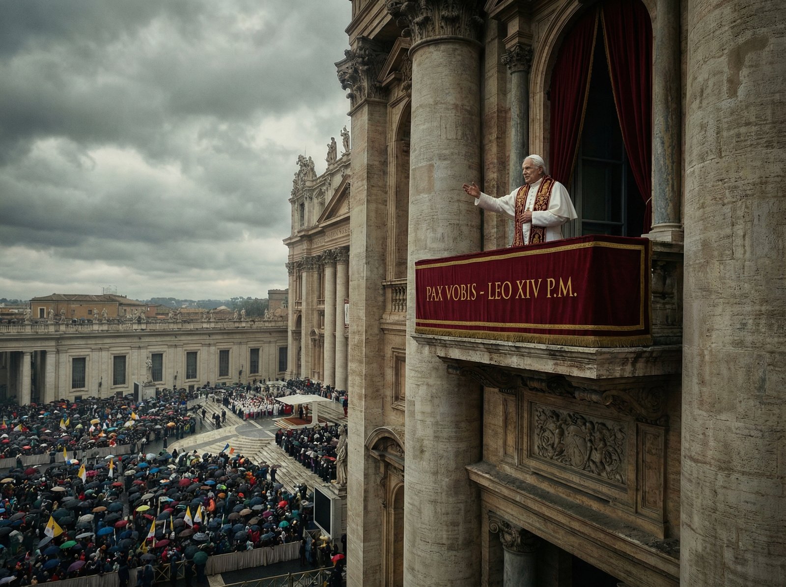 Pope Leo XIV delivering a speech from the balcony of St Peters Basilica to a large crowd on a cloudy day, cinematic lighting, rich colors, artistic rendering, 4:3
