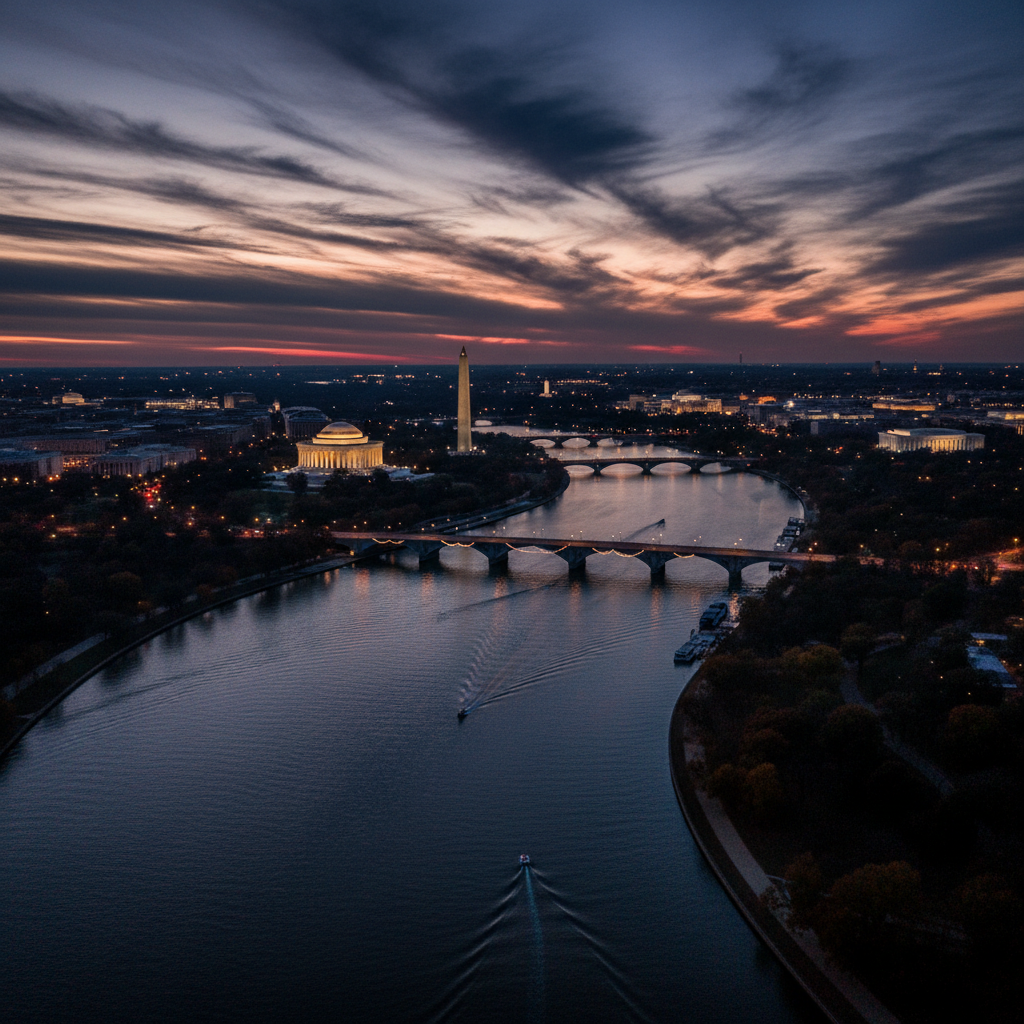 Aerial photography of the Potomac River in Washington DC at dusk, dramatic lighting, high contrast, visually rich, no text