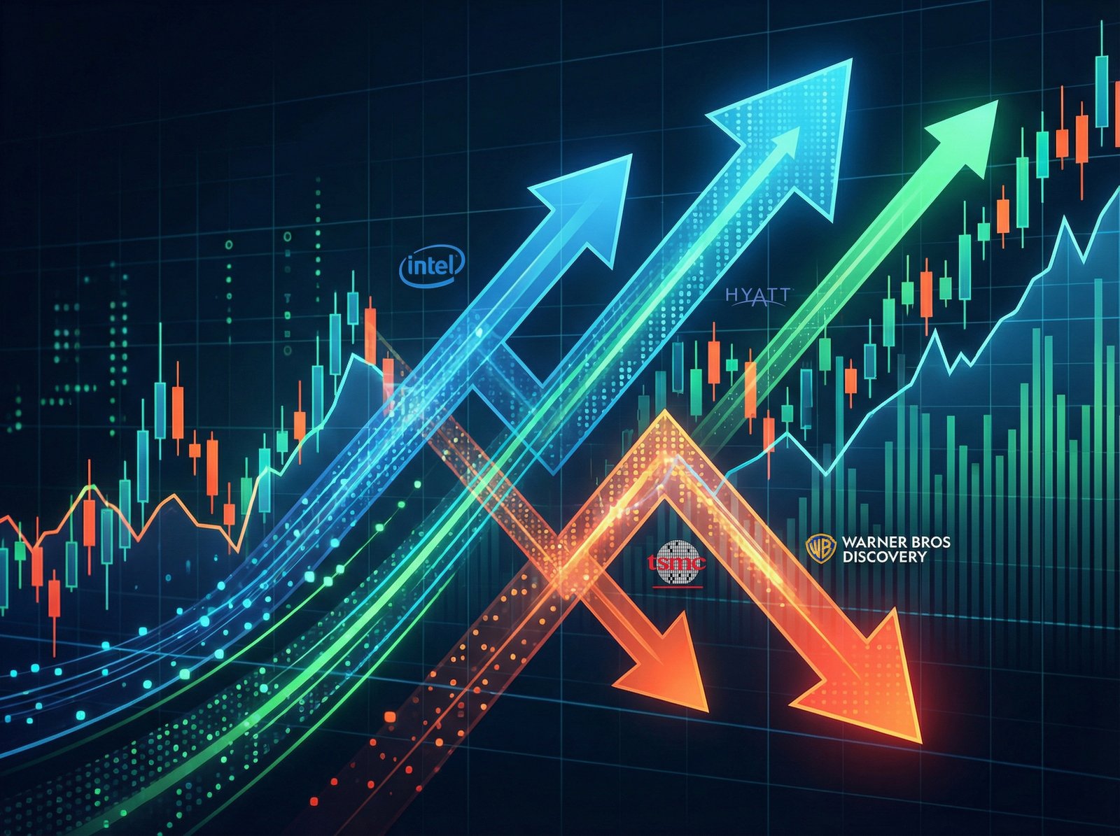 A dynamic image representing pre-market stock movements, with upward and downward trending arrows, stock charts, and company logos of Intel, Hyatt, TSMC, and Warner Bros Discovery subtly integrated. Focus on a modern, clean infographic style with high contrast. Aspect ratio 4:3, no visible text.