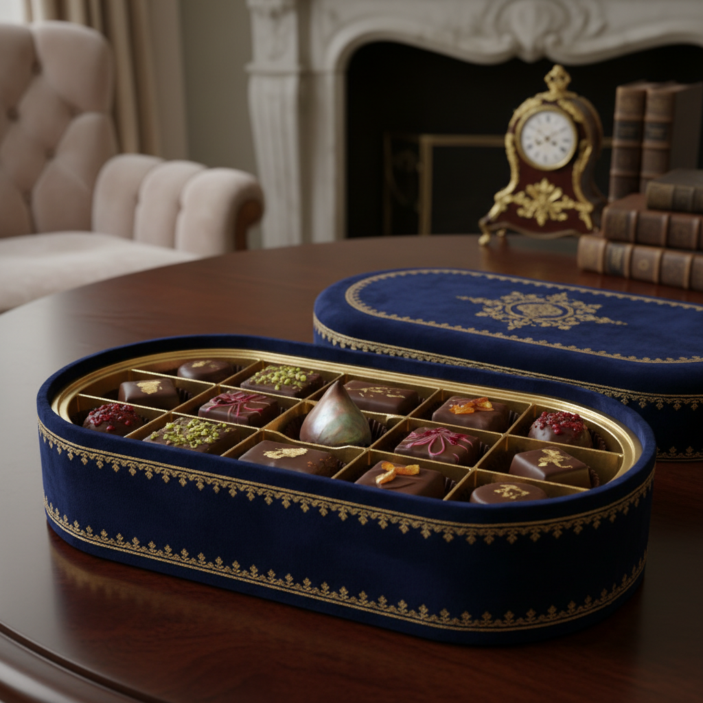 An elegant and luxurious chocolate gift box with various dark chocolates, artistic rendering, soft lighting, sophisticated background, no text