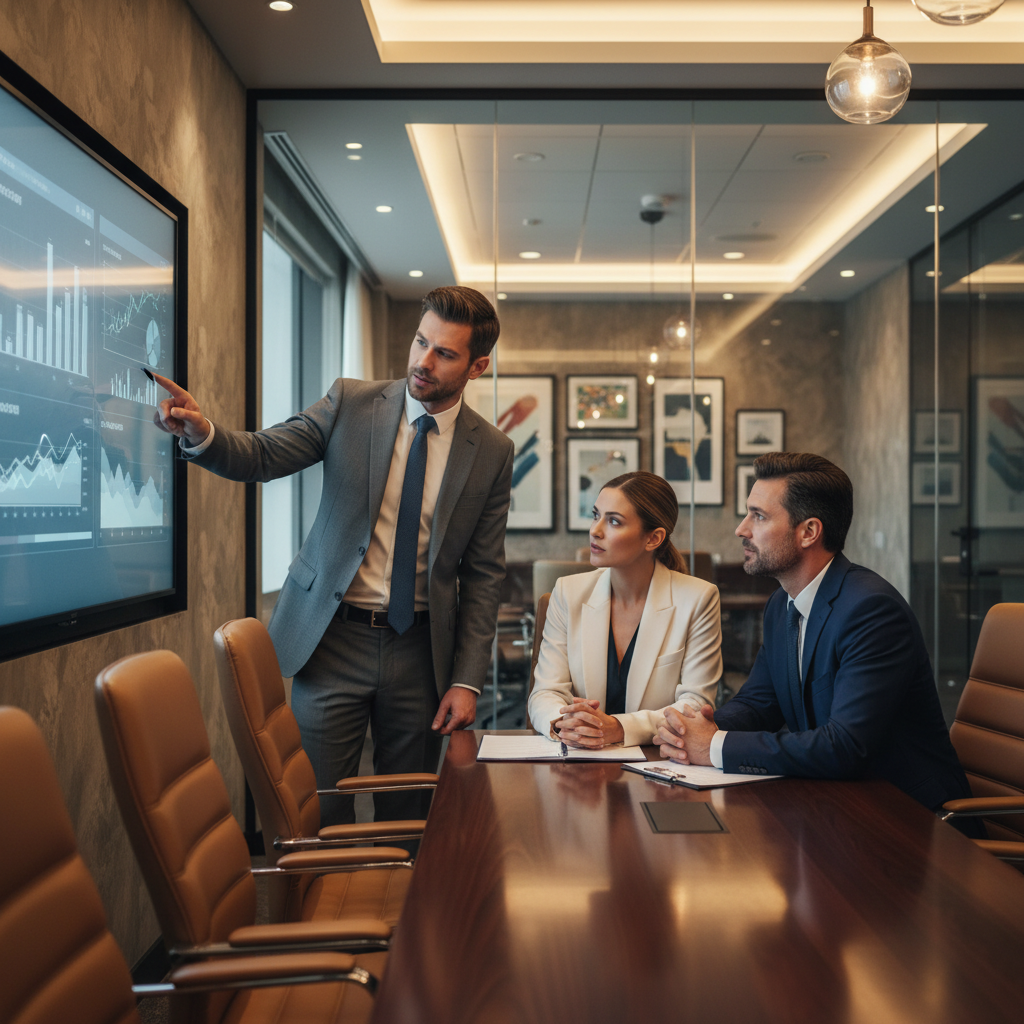 Business professionals discussing investment strategy in a modern boardroom, professional setting, warm lighting, rich background, no text