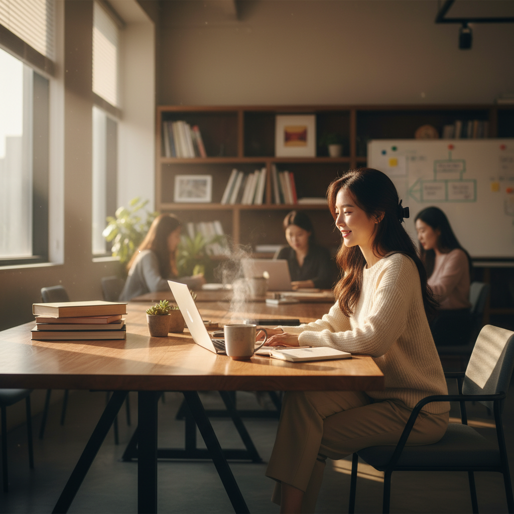 lifestyle photography, warm lighting, office setting, Korean appearance