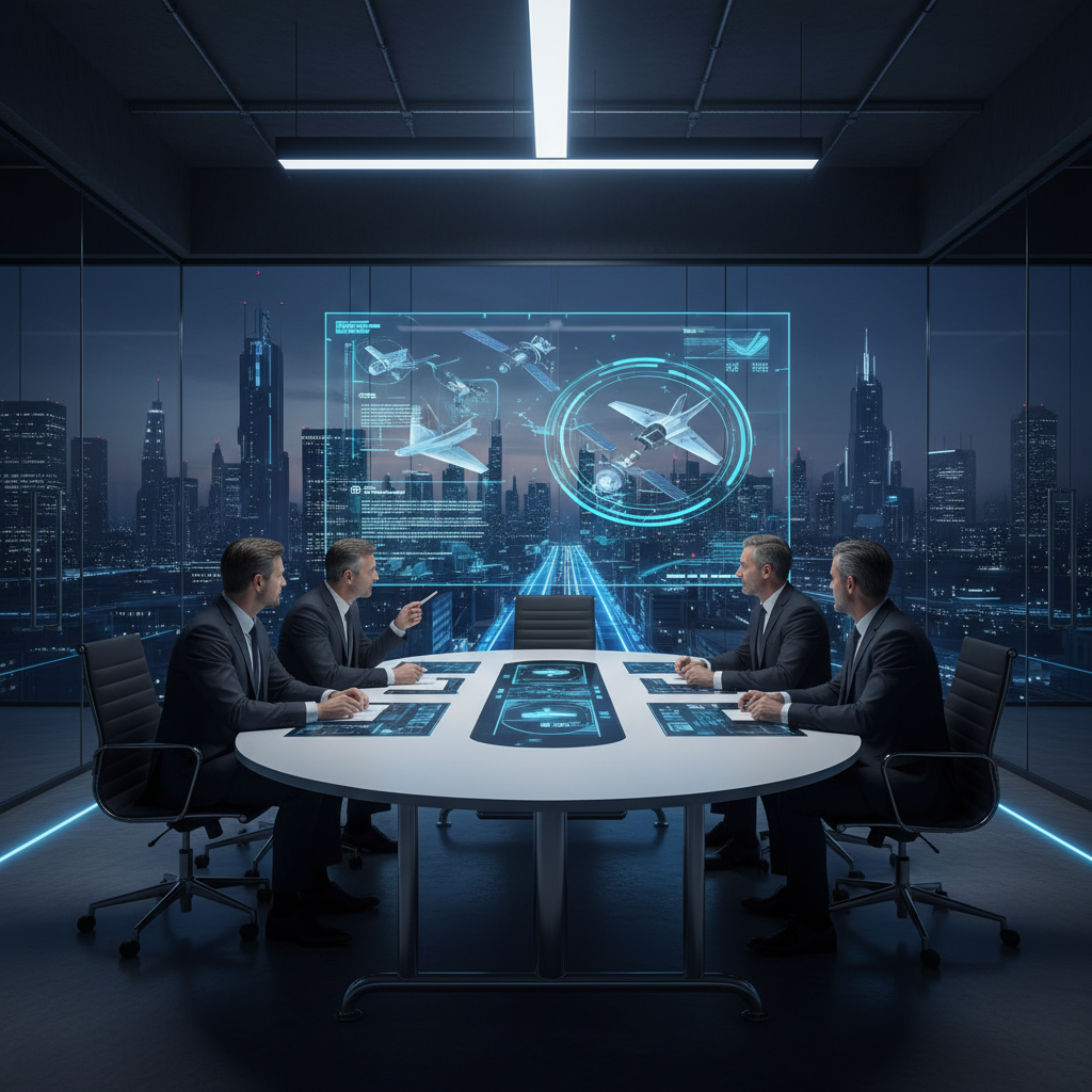 Professional business meeting in a high tech boardroom defense industry executives talking modern office with glass walls blue and grey tones no text
