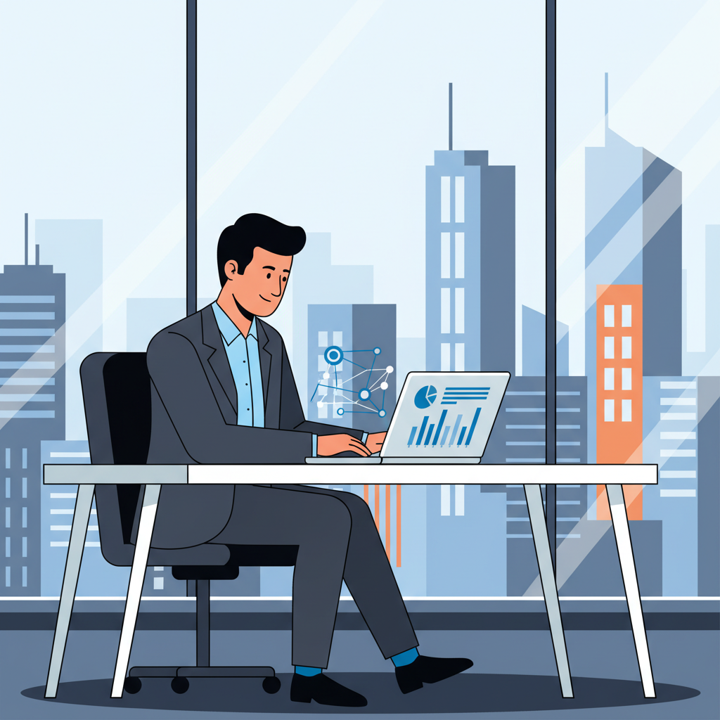 A professional man in a business casual outfit looking at a laptop in a modern office with large windows, urban cityscape background, clean infographic style, high contrast, no text