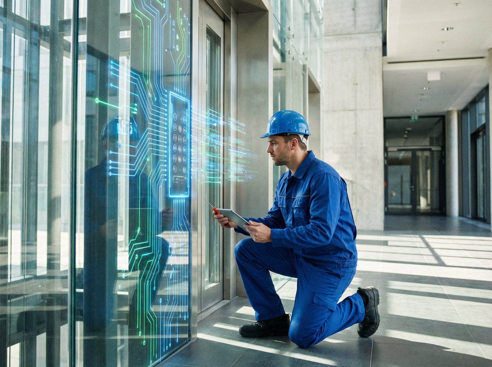 A professional technician in a clean uniform inspecting a high-tech elevator control panel with glowing lights in a modern building, realistic photography, 4:3, no visible text