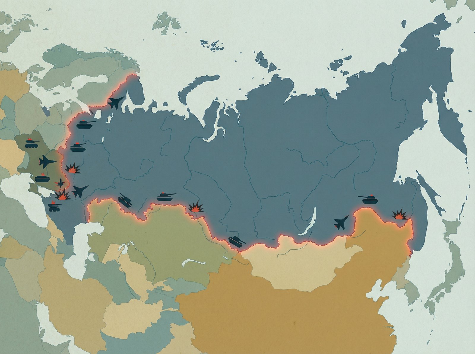 A stylized map showing Russia and Ukraine, with military conflict symbols and a subtle red line indicating tension. Aspect ratio 4:3, no visible text, informational style.