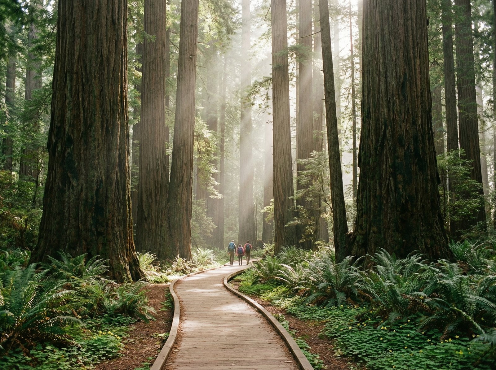 A well-maintained trail winding through a majestic Redwood forest, with a few small figures hiking in the distance. The atmosphere is peaceful and awe-inspiring, with soft natural light. No visible text, aspect ratio 4:3.