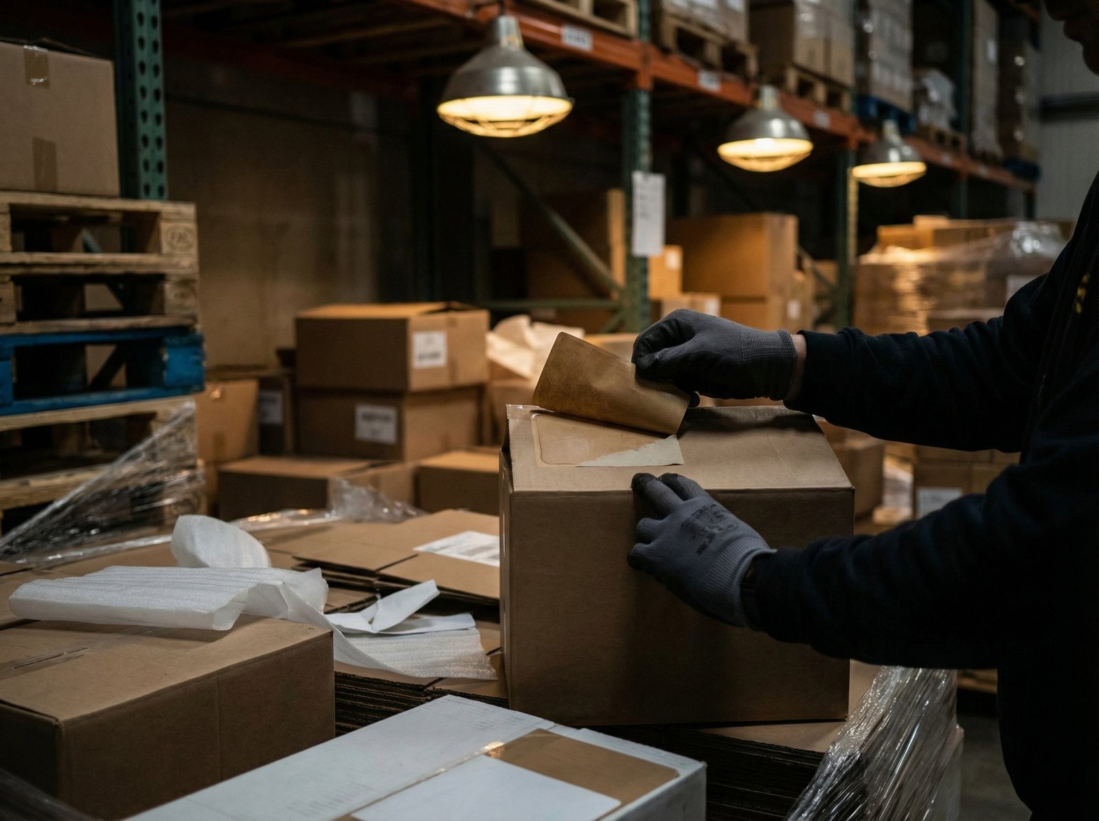 Hands relabeling boxes in a dimly lit, slightly messy warehouse, focus on the action of changing labels, close up, modern layout, no visible text, 4:3 aspect ratio.