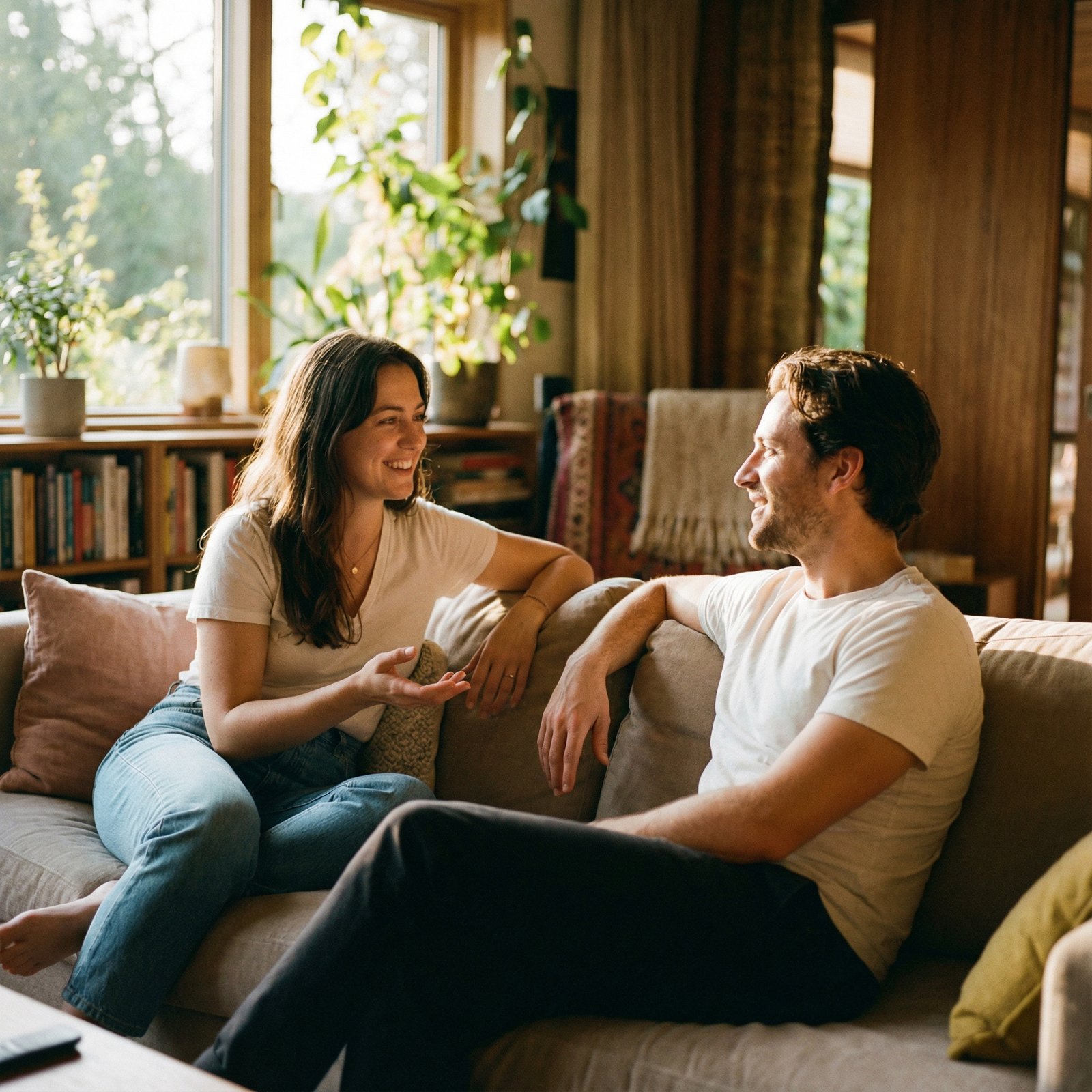 Two people having a calm and open conversation, with subtle visual cues indicating relief and understanding. Soft, warm lighting, modern informational style, diverse background with soft textures, no visible text, aspect ratio 1:1, no Korean text.