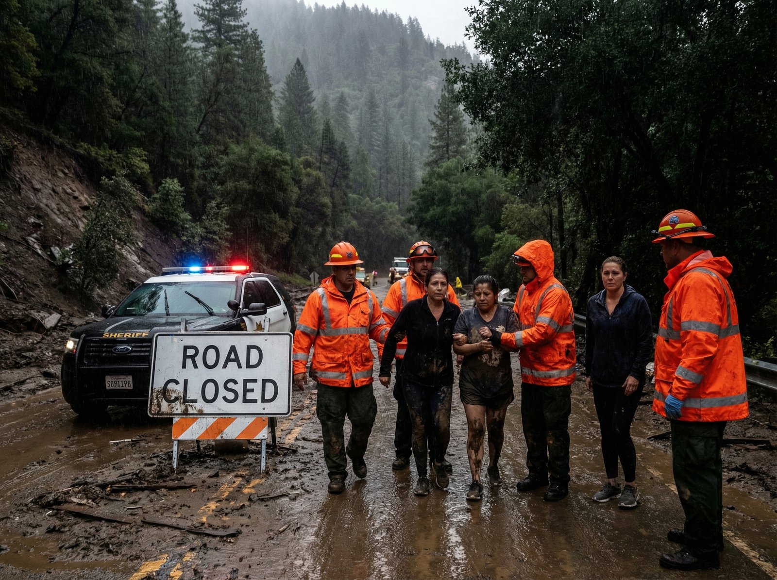 Emergency responders in orange gear helping people near a mud covered road in a mountainous California landscape heavy rain environment realistic depiction high contrast aspect ratio 4 3