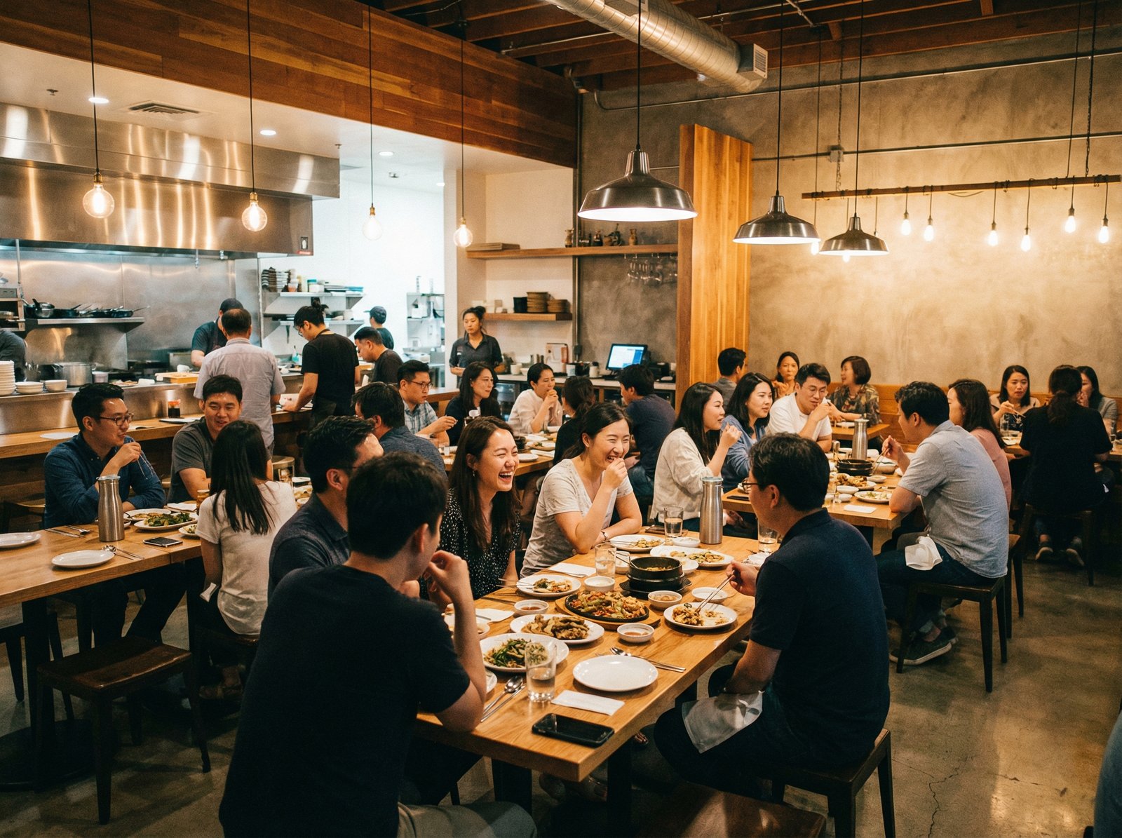 A lively restaurant interior with diverse groups of people enjoying meals and conversations, warm lighting, and a modern design. Korean people with natural expressions, no visible text, aspect ratio 4:3.
