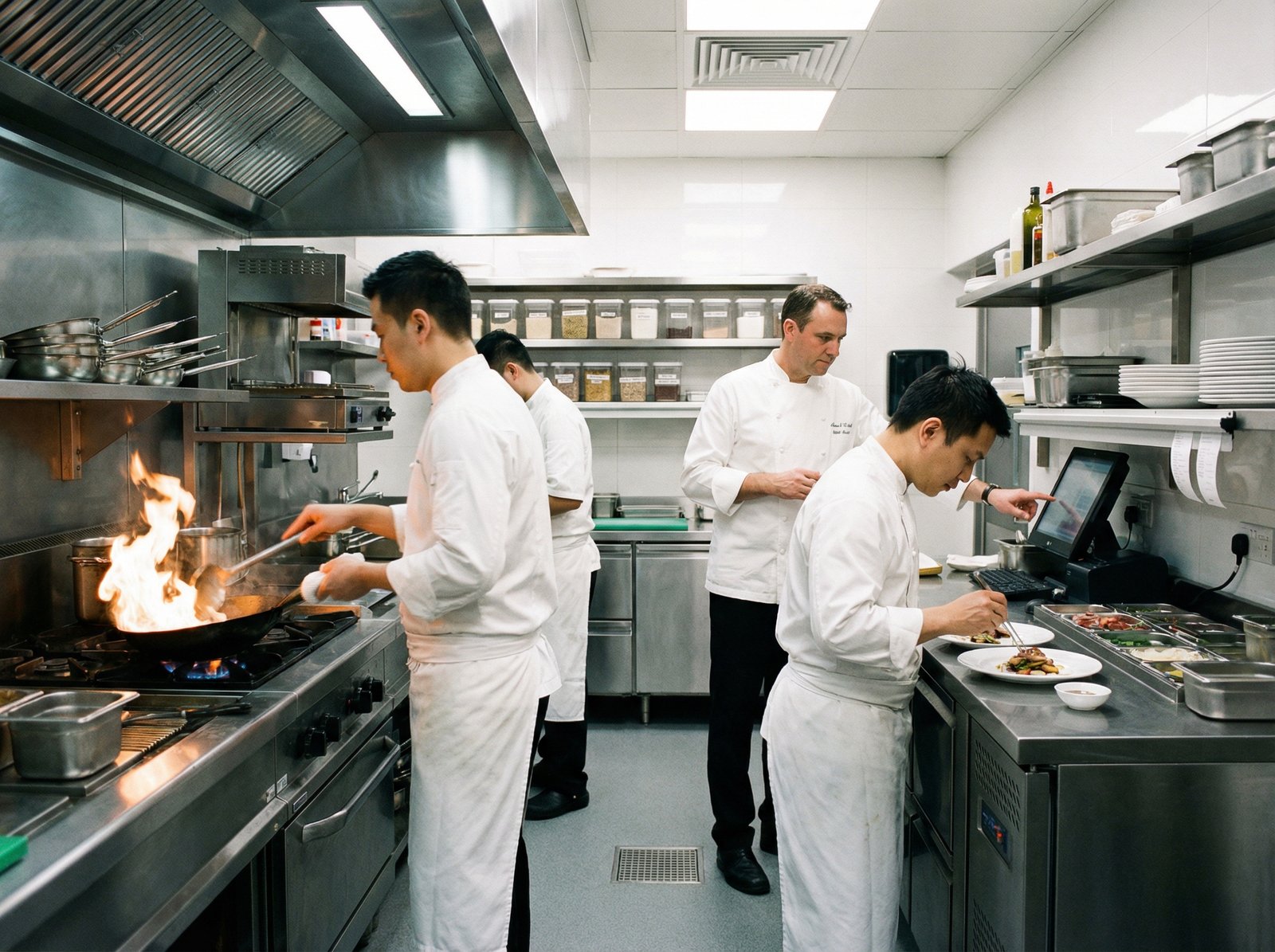 A clean and organized restaurant kitchen with chefs actively cooking, demonstrating efficiency and quality control. Informational style, modern layout, high contrast, no visible text. Aspect ratio 4:3.