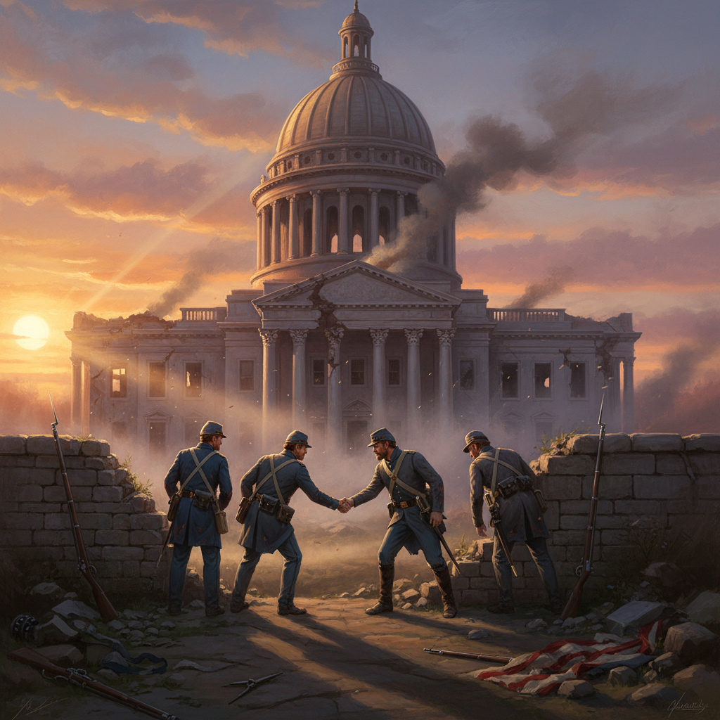 Union and Confederate soldiers shaking hands in front of a grand courthouse, artistic rendering, sunset lighting, high contrast, no text