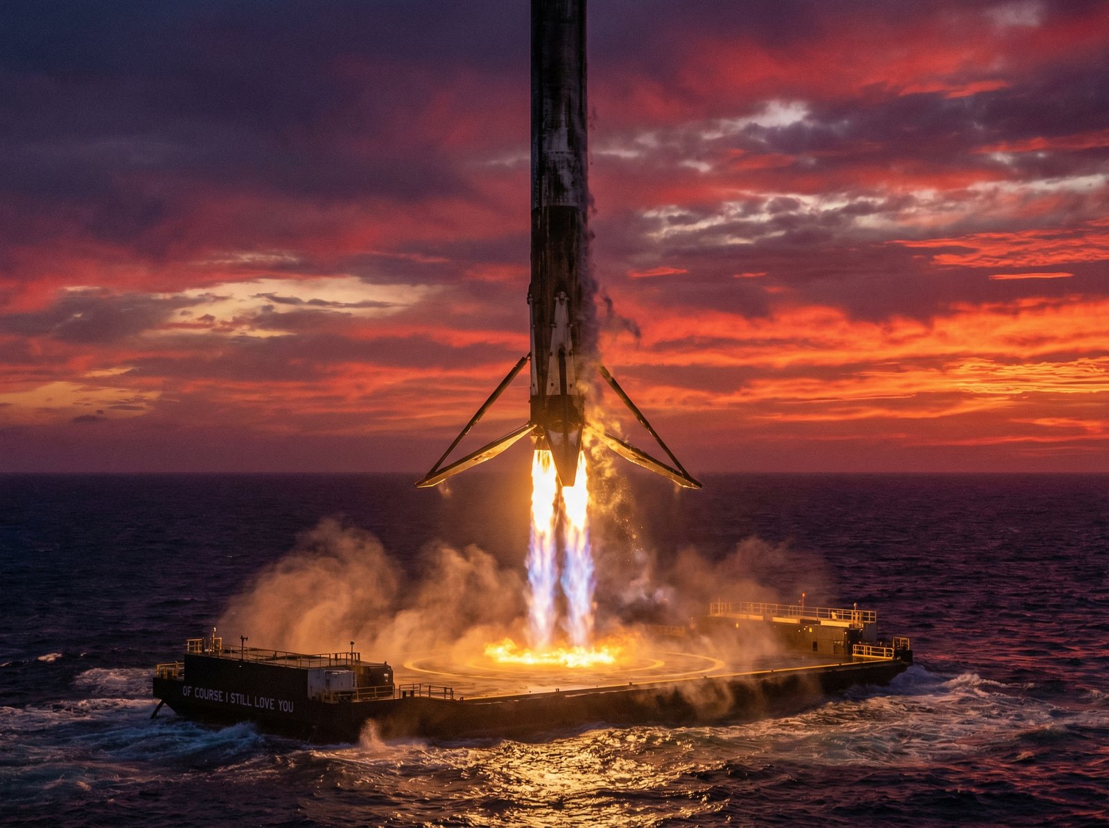 A realistic depiction of a rocket booster vertically landing on a floating sea platform, controlled fire from engines, sunset over the ocean, dramatic and powerful atmosphere, hyper-realistic, 4:3 aspect ratio, no text