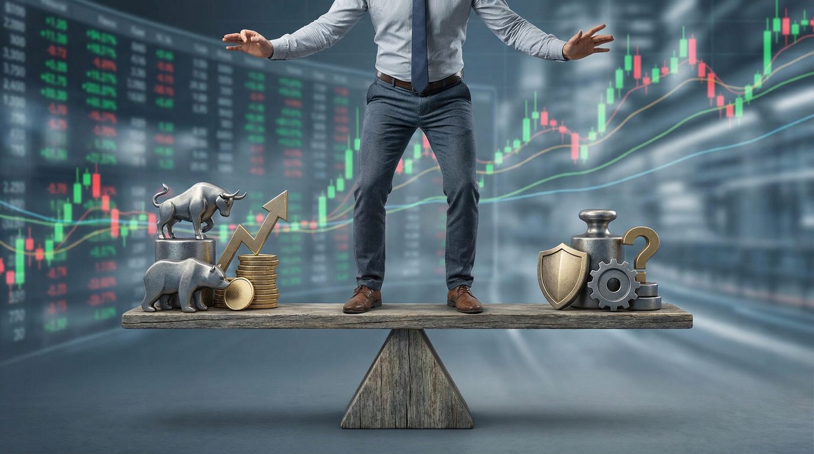 A person balancing on a seesaw with financial symbols, representing risk management in investment, with a steady and strategic pose against a dynamic market background, informational style, 16:9 aspect ratio, no visible text
