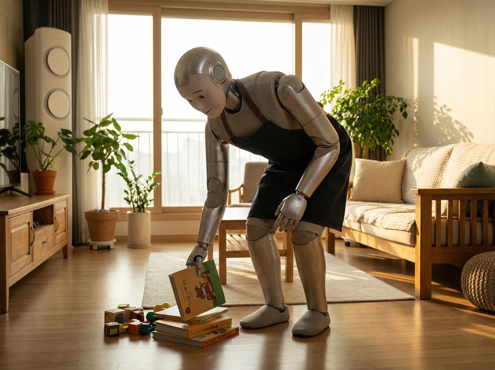 A humanoid robot performing a household chore like tidying up a living room, with a warm, natural lighting. Korean appearance, natural expression. Aspect ratio 4:3, no visible text.