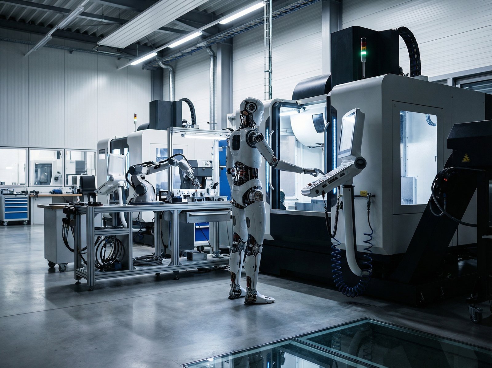 A humanoid robot operating machinery in a modern, clean factory or workshop. Informational style, high contrast, no visible text. Aspect ratio 4:3.
