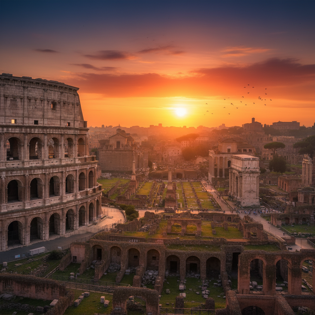 A stunning sunset over the Roman Colosseum and Forum Romanum, golden hour lighting, cinematic perspective, historic atmosphere, no text