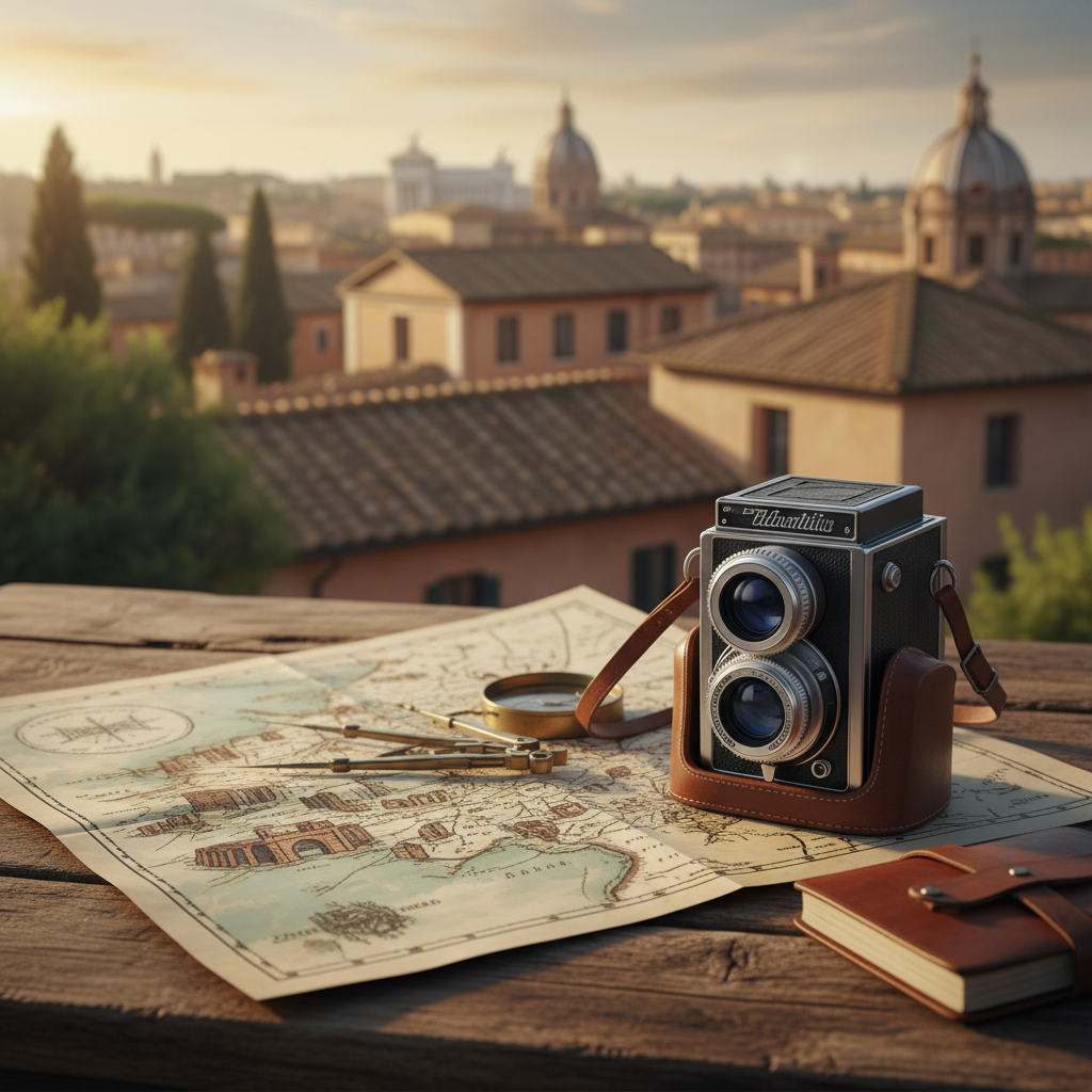 A vintage camera and a map of Rome on a rustic wooden table with a view of Roman rooftops in the background, artistic composition, warm lighting, no text
