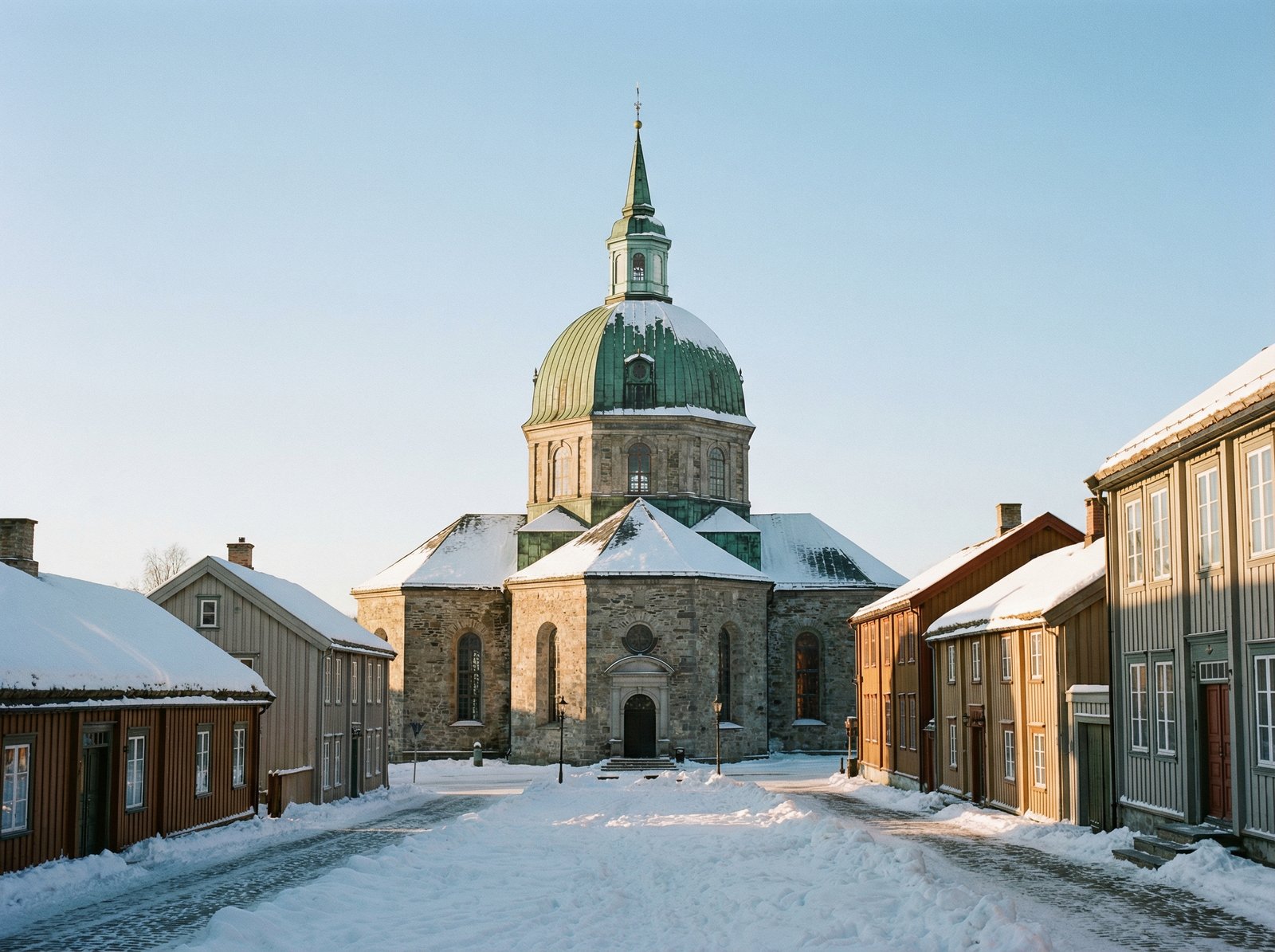 The historic Røros Church in Norway, a grand stone building with a copper dome, standing prominent amidst traditional wooden houses. Snow-covered ground, clear winter sky. Aspect ratio 4:3, no visible text.