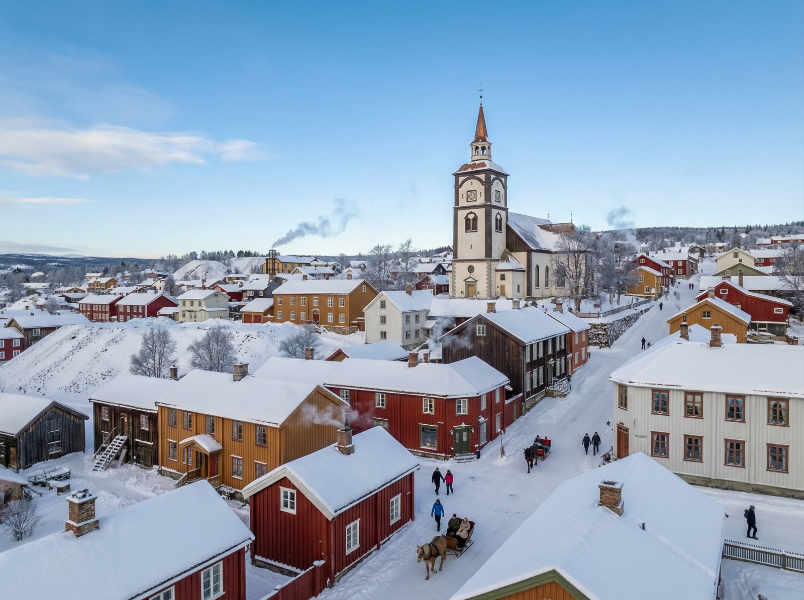 A panoramic view of Røros mining town in Norway during winter, covered in snow, with traditional colorful wooden houses and a historic church under a clear blue sky. Aspect ratio 4:3, no visible text.