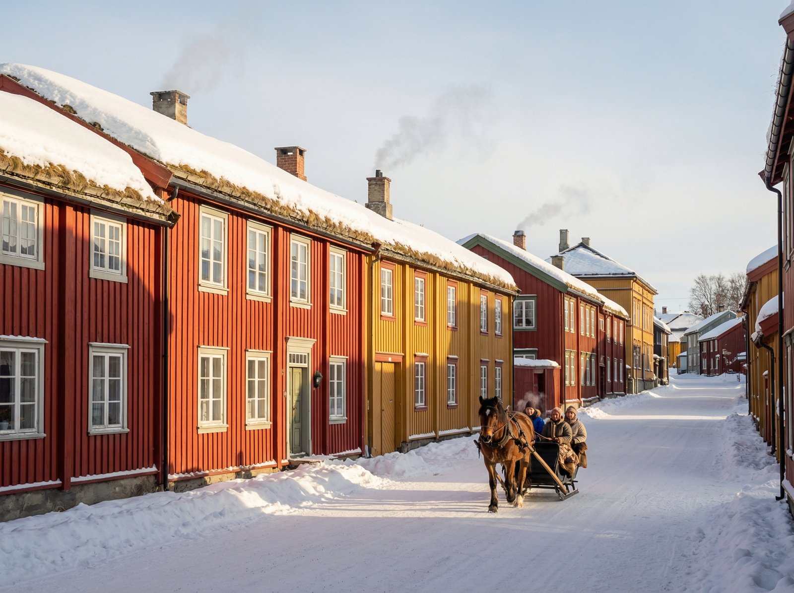 A charming street in Røros, Norway, lined with traditional wooden houses painted in vibrant red and yellow, with snow on the rooftops and ground. Historical atmosphere, clear winter day. Aspect ratio 4:3, no visible text.