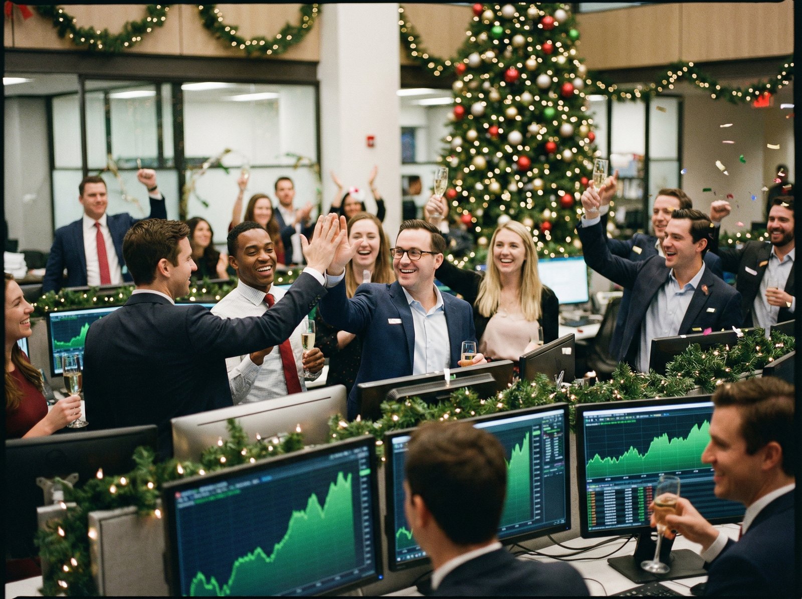 A festive and optimistic atmosphere in a stock market setting, with subtle Christmas decorations blending into the background of a trading floor or an investor's desk. People smiling, celebrating. Aspect ratio 4:3. No visible text.