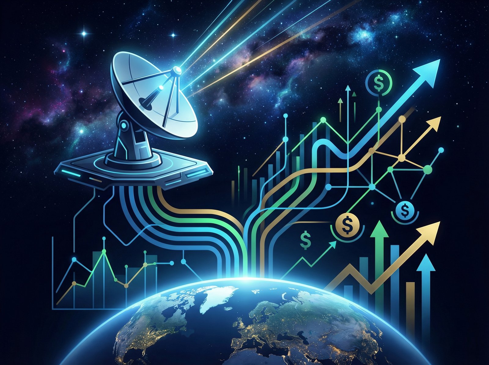 A clean infographic showing a satellite dish receiving signals, with lines connecting to Earth, representing data flow and investment growth. Stars and space in the background. Modern layout, high contrast, no visible text, aspect ratio 4:3.