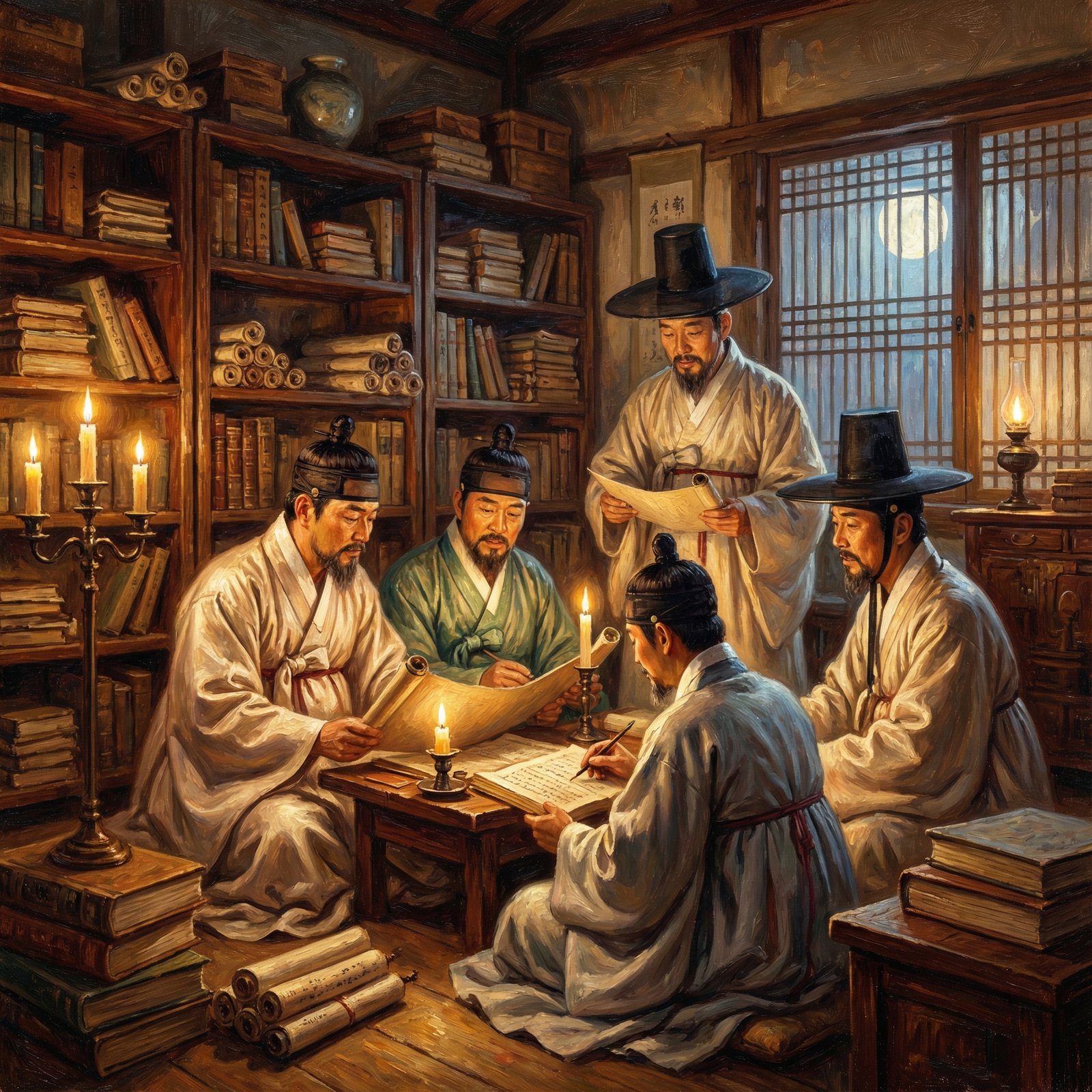 Korean scholars in traditional Hanbok discussing ancient scrolls in a candlelit library, warm cozy lighting, detailed textures, artistic rendering, 1:1
