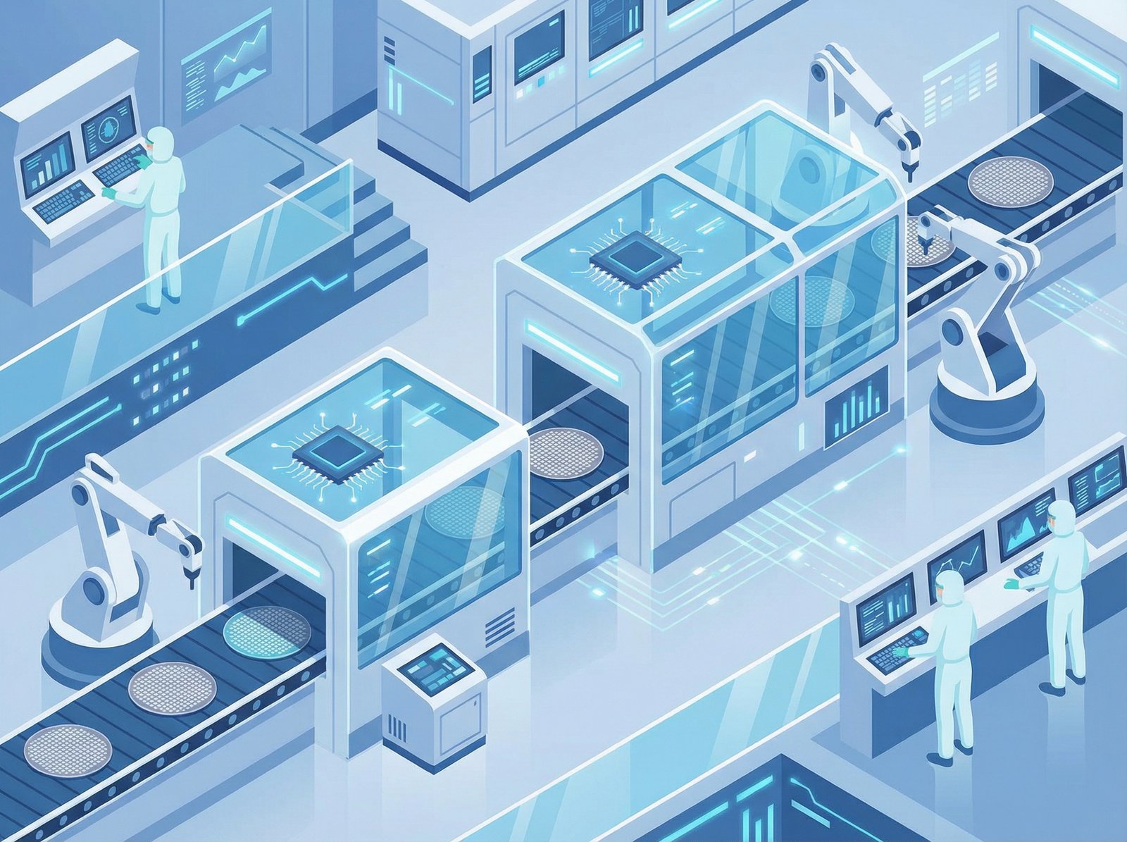 An illustration of a bustling semiconductor manufacturing factory floor with advanced machinery and robot arms producing chips. The style is modern and high-tech, emphasizing clean lines and bright, balanced lighting. Aspect ratio 4:3, no visible text.