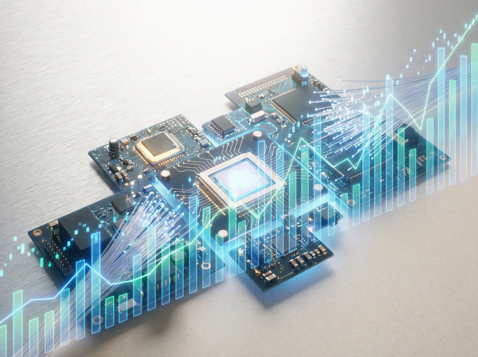 A detailed composition of abstract semiconductor chips and AI chip components, overlaid with subtle, upward-trending market graphs and data visualization. Informational style, textured background, bright lighting, no visible text, aspect ratio 4:3.