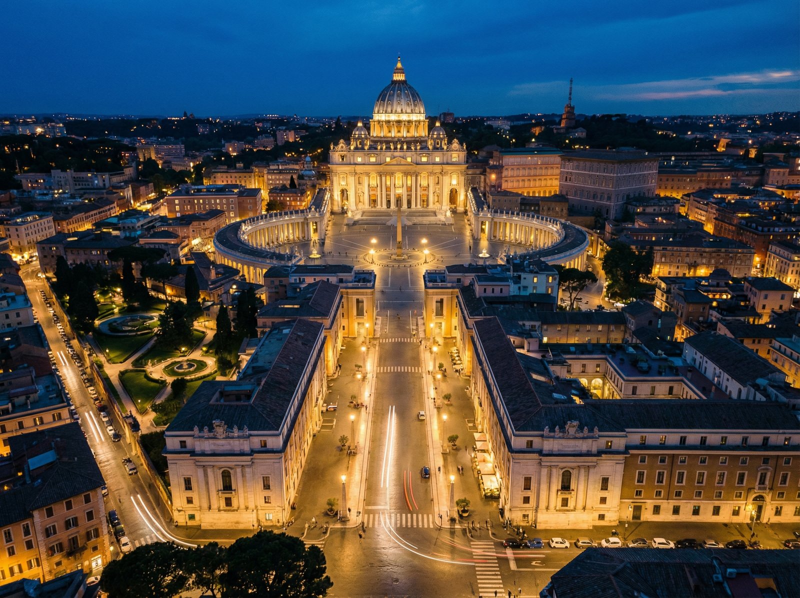 High angle view of the Vatican city with beautiful evening lights, elegant and peaceful atmosphere, high contrast, clean layout, 4:3