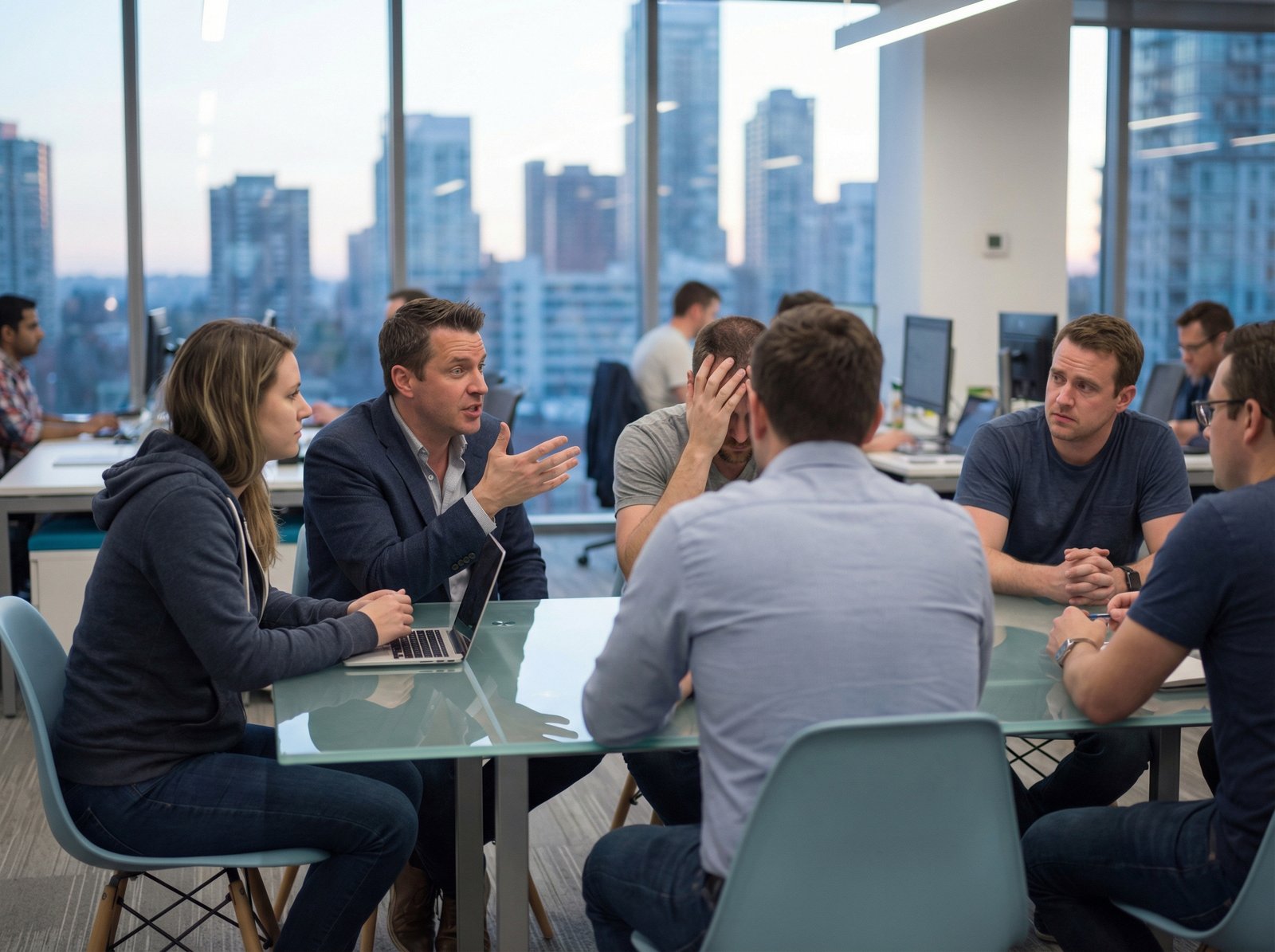 Silicon Valley tech leaders in a modern office setting, discussing intensely, some looking frustrated, with a blurred background of city, dynamic lighting, no visible text, aspect ratio 4:3, informational style