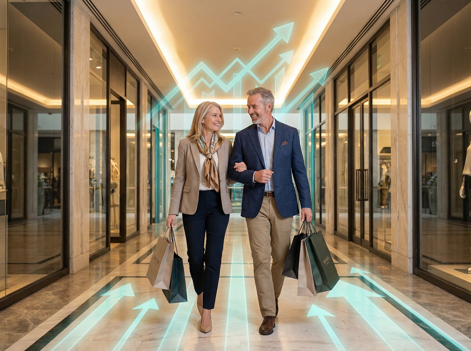 A well-dressed couple in their 50s happily shopping in a luxurious mall, holding designer bags. The background is a modern, clean mall interior with soft lighting. A subtle infographic overlay suggesting economic growth, no visible text, 4:3 aspect ratio.