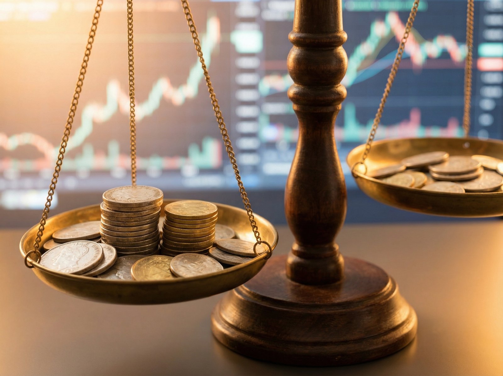 A professional photography of silver and gold coins placed on a classic balancing scale against a background of blurred financial market charts, warm studio lighting, 4:3 aspect ratio, no text