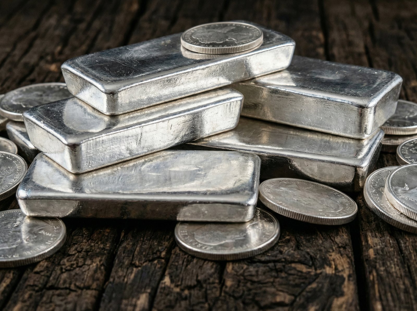 A close-up shot of shiny silver bars and scattered silver coins, reflecting light against a dark, textured background. Emphasize the metallic luster. Informational style, 4:3 aspect ratio, no visible text.