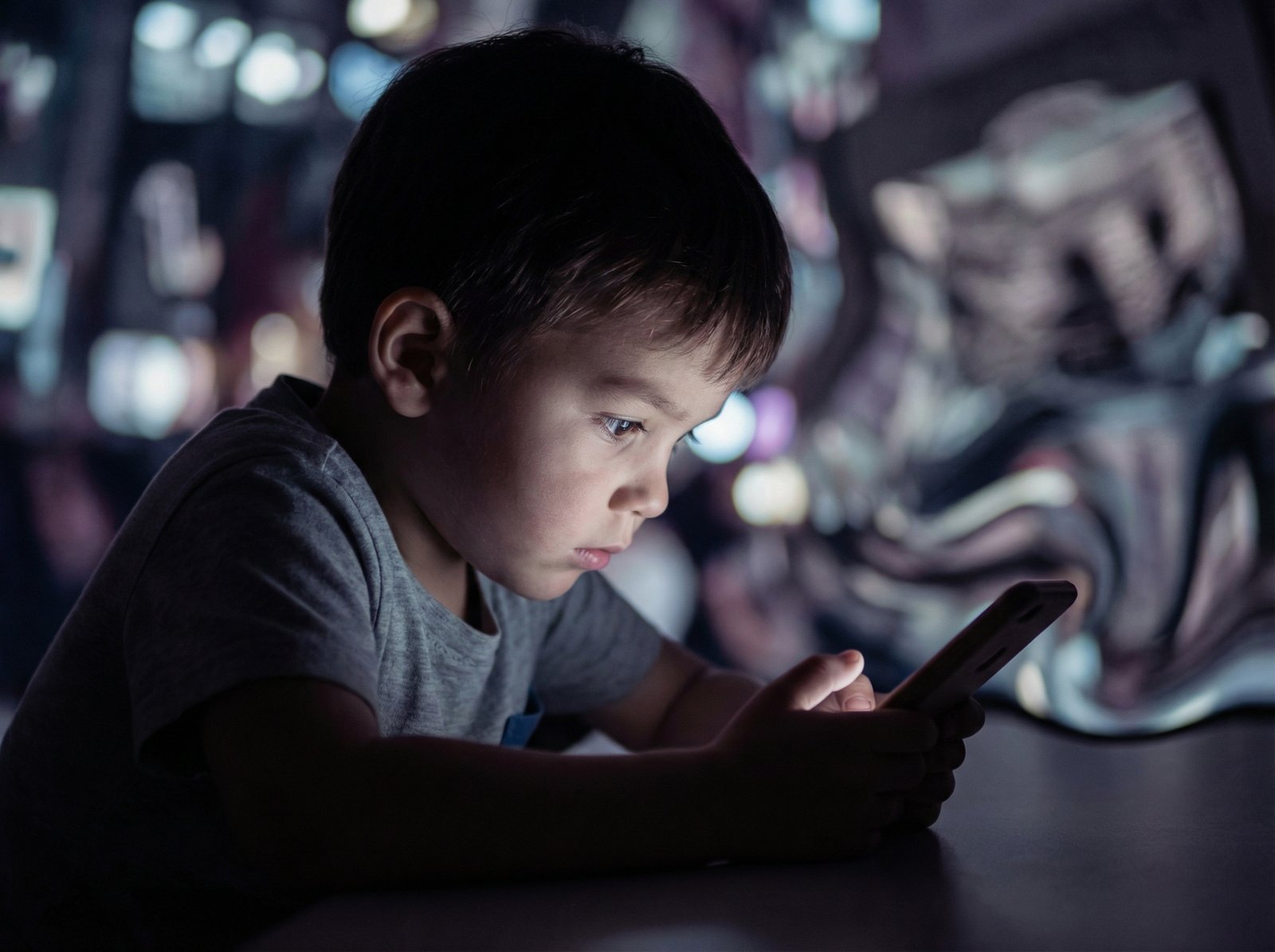 A child staring intensely at a smartphone screen, with blurred background suggesting a distorted reality or isolation. Use modern layout, high contrast, no visible text, aspect ratio 4:3